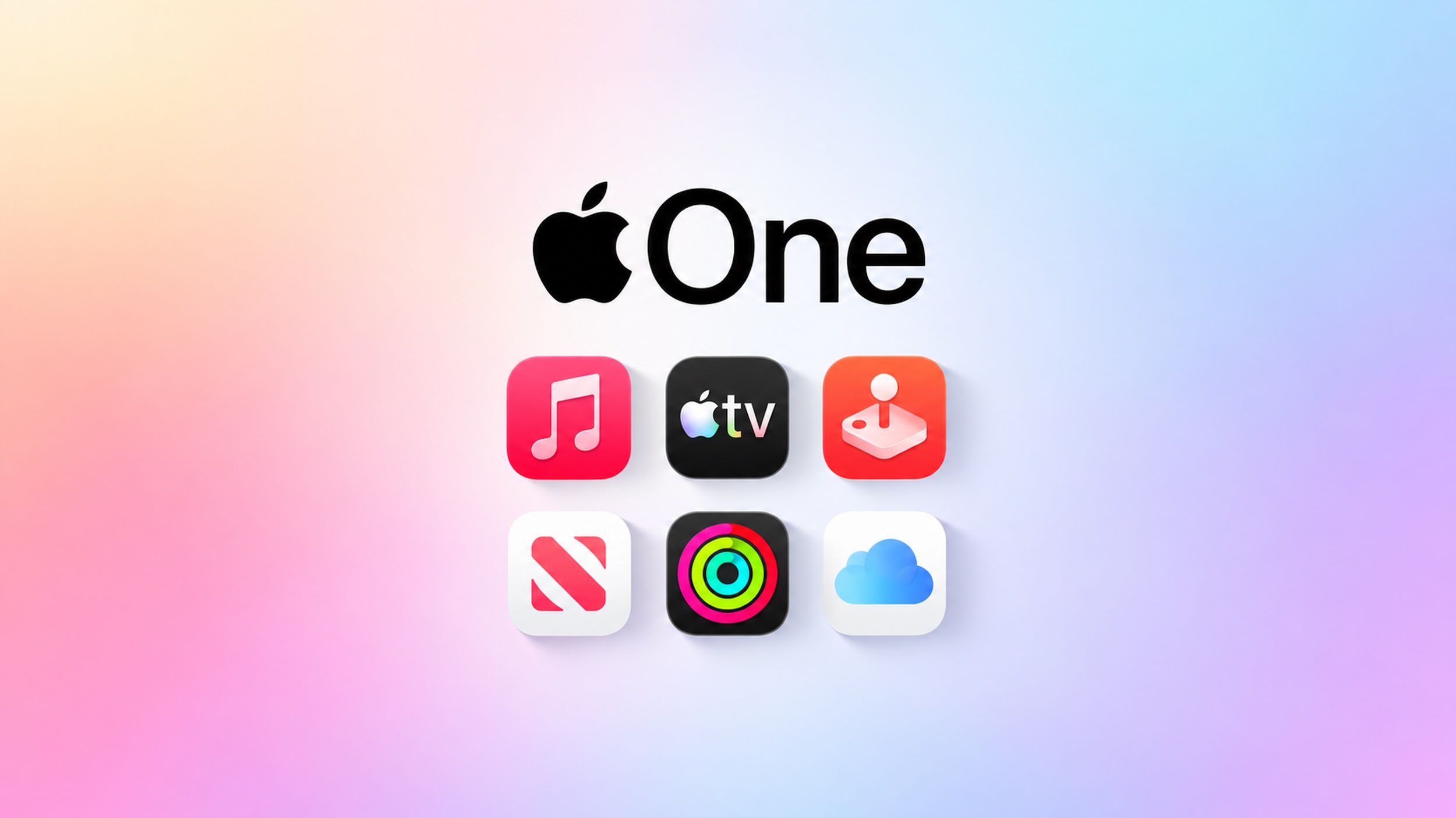 Official Apple One visual bundling Apple Music, Apple TV, Apple Arcade, Apple Fitness+, Apple News+ and iCloud+