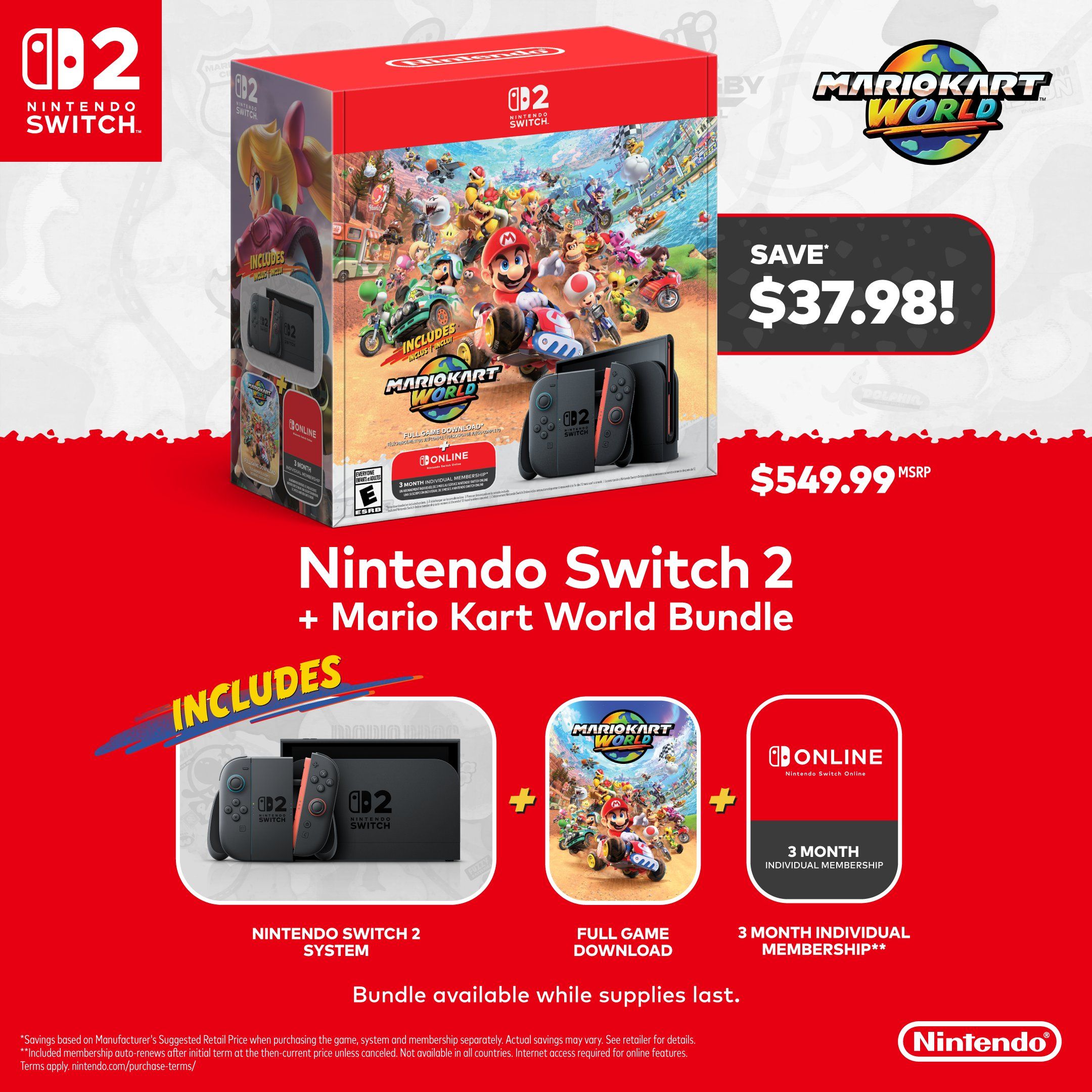 Official Nintendo promo graphic for the Switch 2 + Mario Kart World bundle at $549.99, saving $37.98