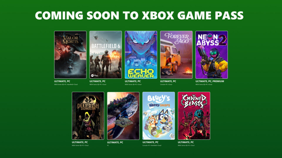 Official Xbox Wire graphic showing the October Game Pass lineup with tier labels